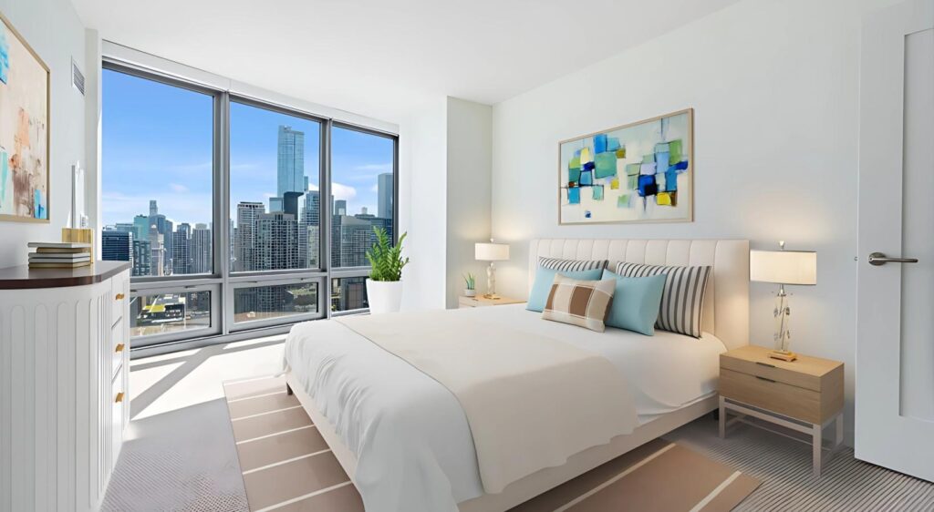 Modern bedroom with large windows showing a city skyline, a bed with white bedding, nightstands with lamps, a dresser, a potted plant, and abstract wall art.