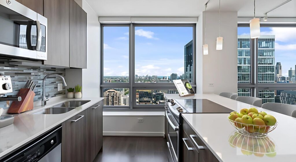 Modern kitchen with stainless steel appliances, an island countertop with a bowl of apples, and large windows overlooking a cityscape with high-rise buildings.