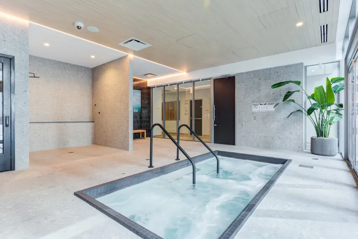 Modern indoor spa area with a small rectangular whirlpool, metal handrails, tiled walls and floors, glass doors, and a large potted plant near the entrance.