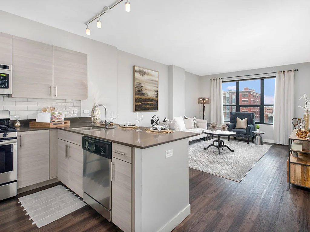 Modern open-concept kitchen and living room with light wood cabinets, stainless steel appliances, large window, and dark wood floors.