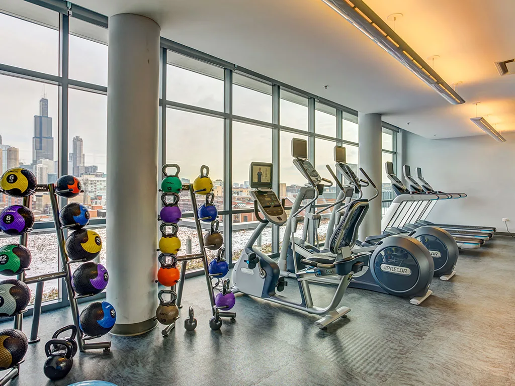 A modern gym with treadmills, elliptical machines, and colorful kettlebells and medicine balls, featuring large windows with a city skyline view.
