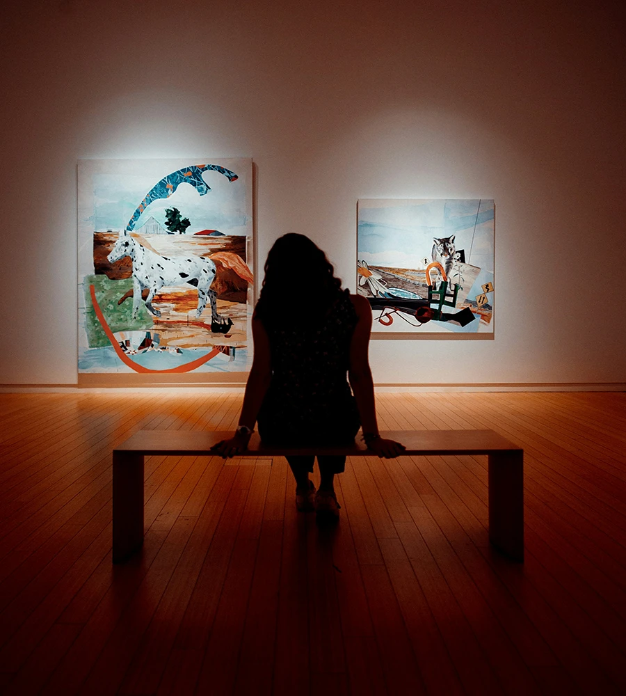 A person sits on a bench in a dimly lit art gallery, facing two abstract paintings on the wall.