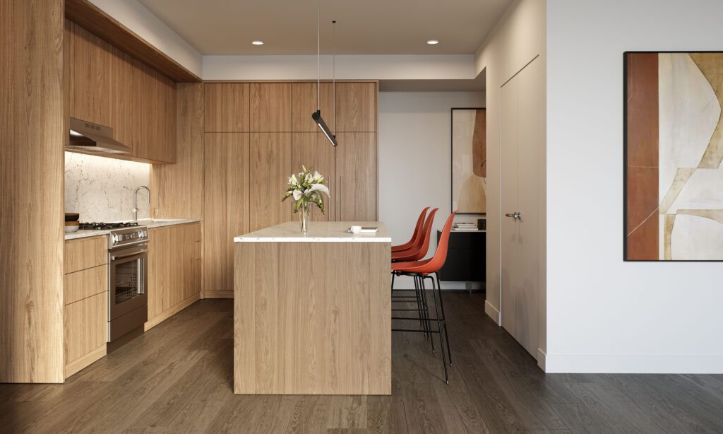 Modern kitchen with light wood cabinets, marble backsplash, central island with flowers, and three orange barstools; abstract art on the wall and dark wood flooring.