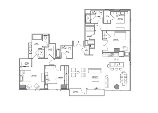 Architectural floor plan showing a layout with multiple bedrooms, bathrooms, a kitchen, and living areas.