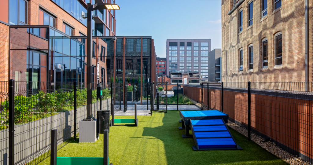 Urban rooftop dog park with agility equipment, enclosed by a fence. Surrounded by modern brick and glass buildings. Bright day with clear skies.
