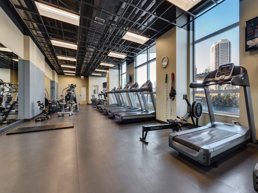 A gym with treadmills, exercise bikes, and weightlifting equipment. Large windows reveal a cityscape outside.