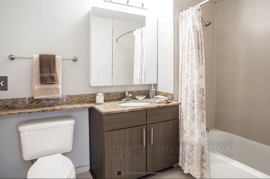 Bathroom with a granite countertop, brown cabinet, and mirror. A toilet is next to the cabinet, and a bathtub with a patterned shower curtain is on the right. Towels hang nearby.