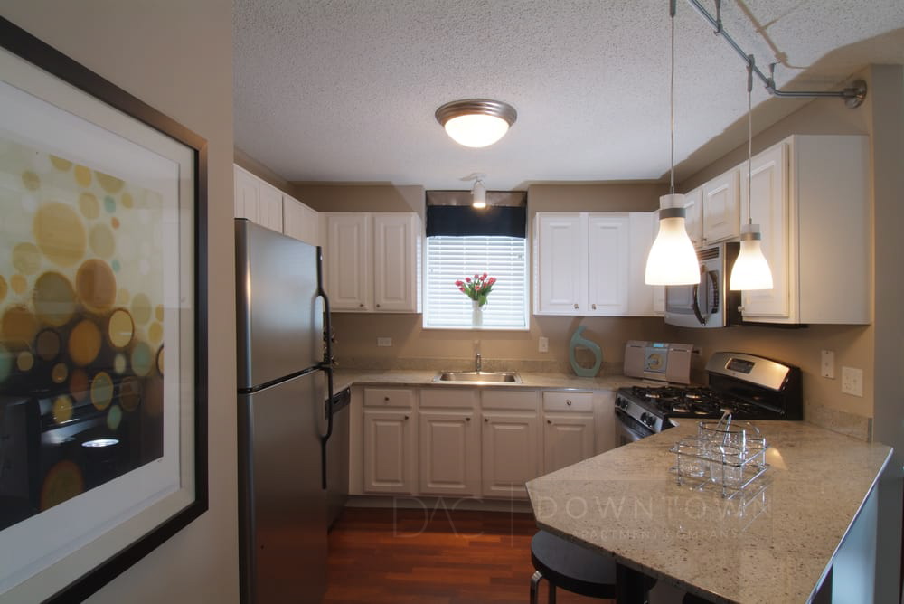 Modern kitchen with white cabinets, granite countertops, stainless steel appliances, pendant lights, and a small window with a plant on the sill. Framed abstract art on wall.