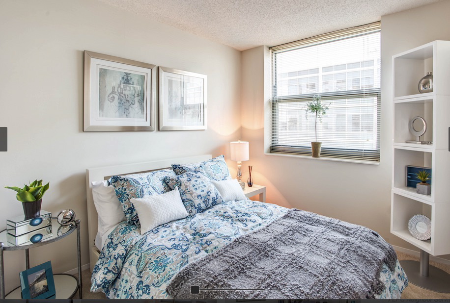 A tidy bedroom with a bed featuring blue and gray patterned bedding, a side table with decor, a lamp, a window with blinds, and a white corner shelf with plants and decorative items.