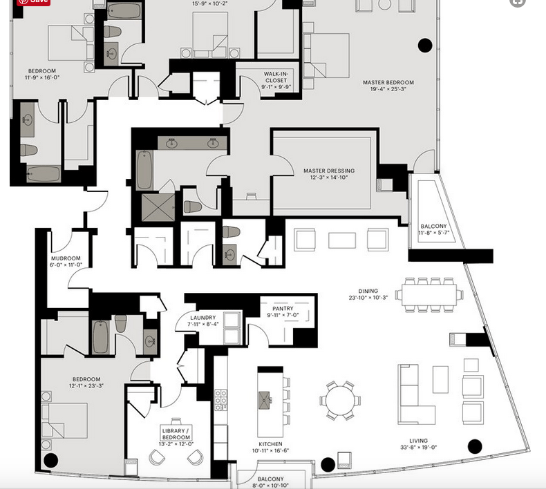 Black and white floor plan of a residential space featuring three bedrooms, library, kitchen, living and dining area, multiple bathrooms, and two balconies.