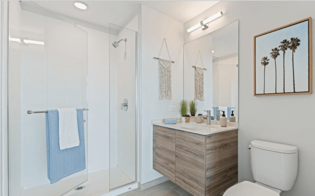 Modern bathroom with a walk-in shower, a wooden vanity with a sink, a mirror, a toilet, and wall decor. Towels hang on the shower door, and plants are on the counter.