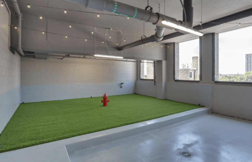 An indoor pet relief area with artificial grass and a red fire hydrant, surrounded by concrete walls and exposed ceiling pipes, illuminated by hanging lights.