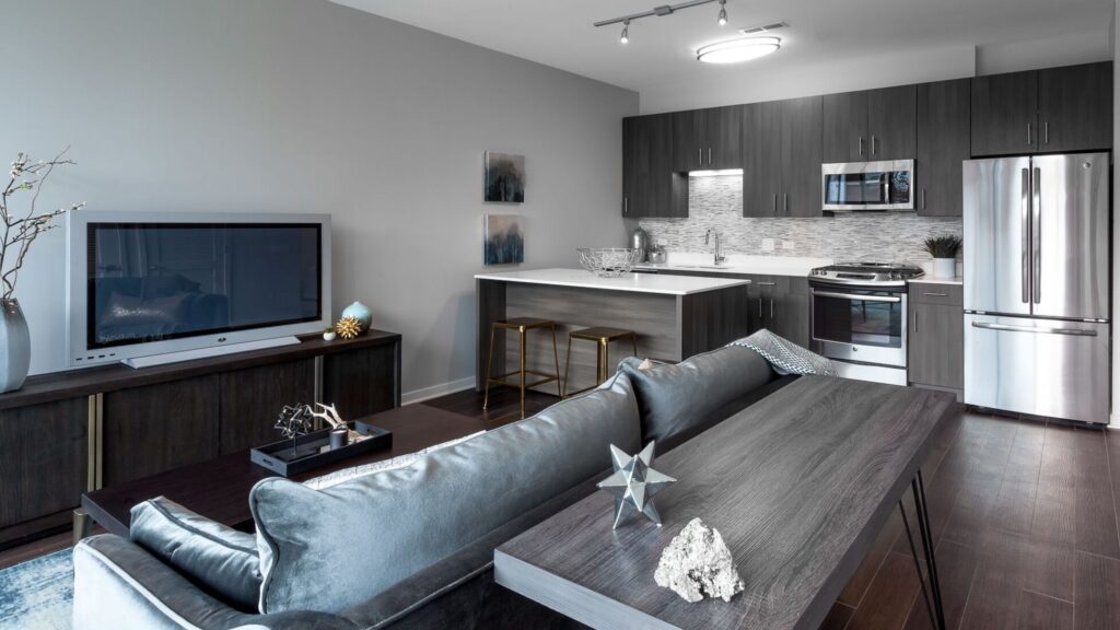 Modern living room and kitchen area with gray couch, flat-screen TV, dark wooden furniture, stainless steel appliances, and minimalist decor.
