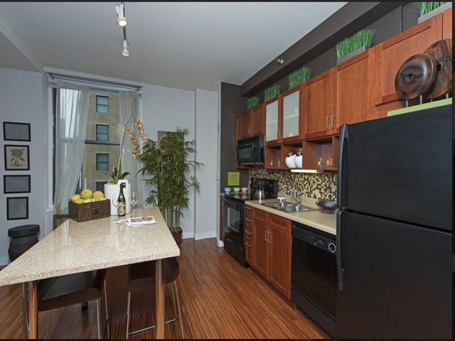 Modern kitchen with dark wood cabinets, black appliances, and a marble island. Decor includes plants and wall art. A cityscape is visible through the window.