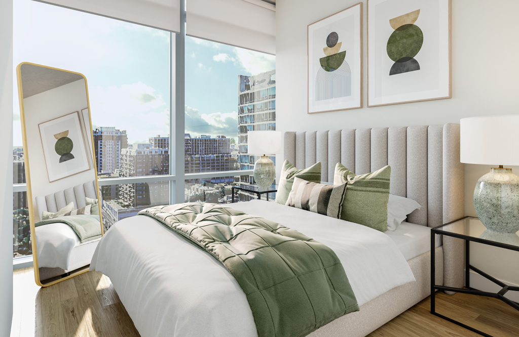 Modern bedroom with a large bed, green accents, and abstract art on the wall. A tall mirror and large windows offering a city view complete the room's decor.