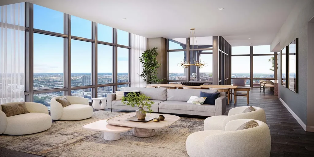 Penthouses with Modern living room with large windows, city view, neutral-toned furnishings, round chairs, a gray sofa, coffee table, plants, and a dining area in the background.