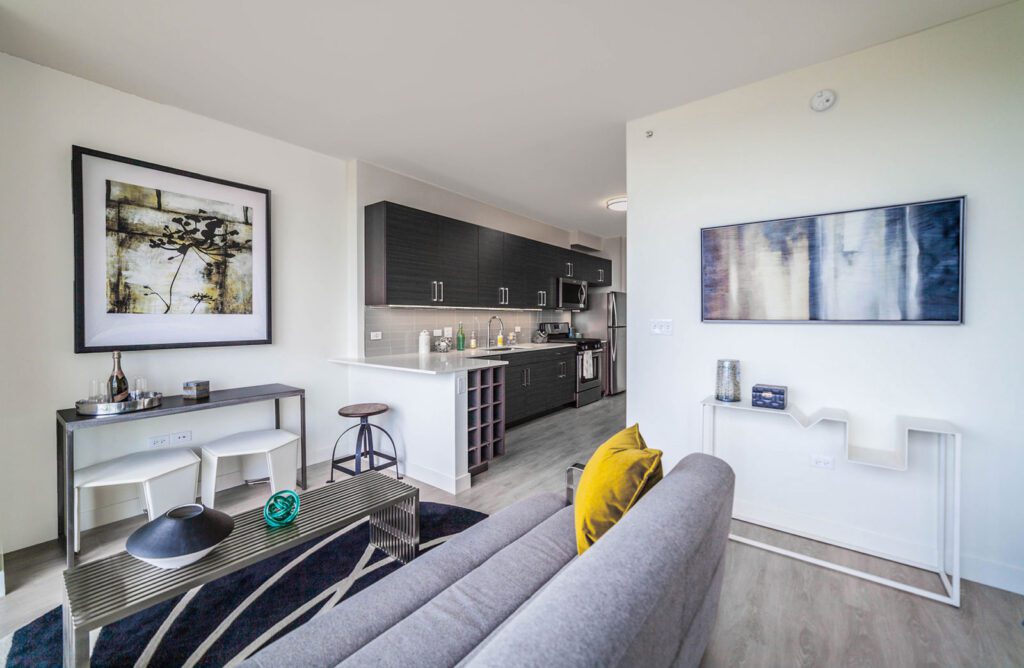 Modern apartment interior with open kitchen, dark cabinets, and bar seating. Living area has a gray sofa, abstract art, and minimalist decor.