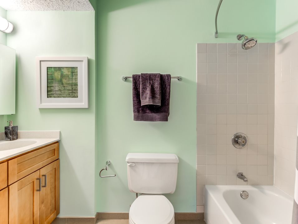 Bathroom with mint green walls, a shower-tub combo, wooden vanity with a countertop, and a toilet. Dark towel hangs above the toilet, and a picture frame is on the wall.