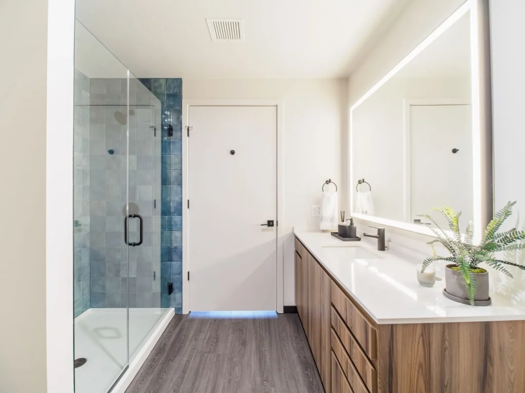 Modern bathroom with a glass-enclosed shower, wood cabinets, large mirror with light, and a small potted plant on the counter. White walls and a closed door are visible.