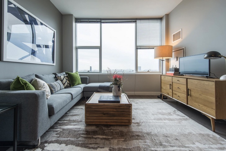 Modern living room with a gray sofa, green pillows, wooden coffee table, and a large rug. A flat-screen TV and lamp sit on a wooden console under a window with city view.