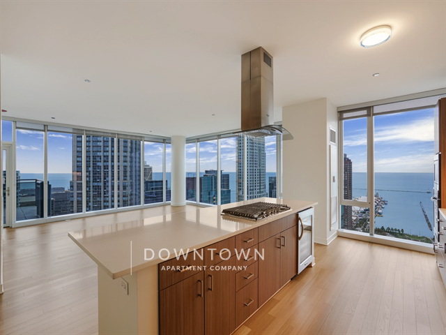 Modern apartment with large windows, city and lake views, open-plan kitchen with island, wooden floors, and stainless steel appliances. Text on image reads "Downtown Apartment Company.