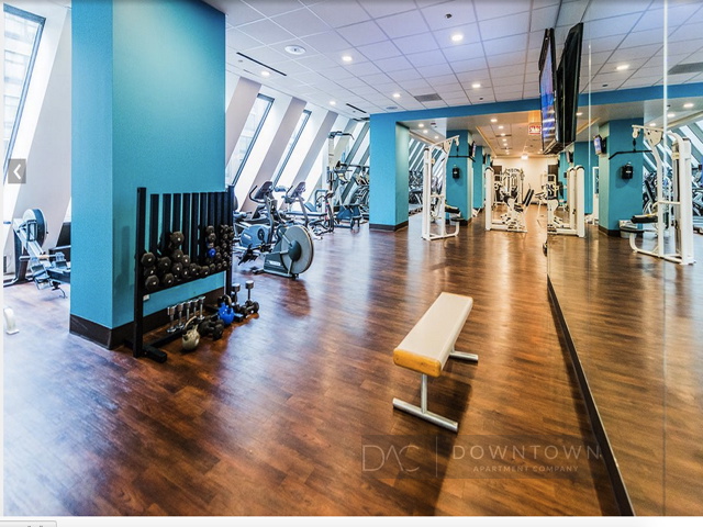 Bright gym with blue walls, featuring treadmills, weight racks, and a bench on wooden flooring. Large mirrors and ceiling lights create an open and well-lit space.