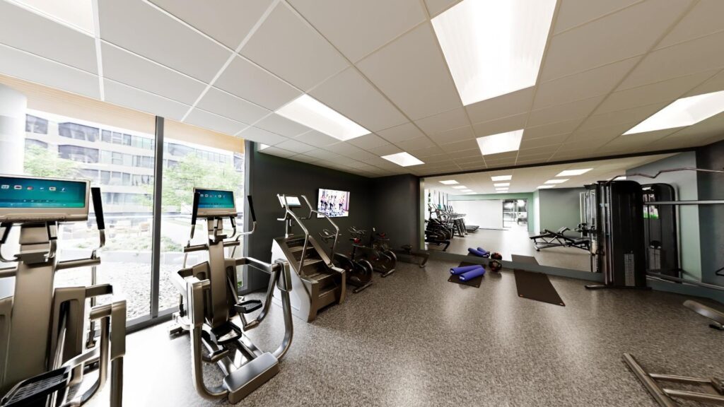 Modern gym interior with cardio machines, weight equipment, yoga mats, large windows, and a TV on the wall.