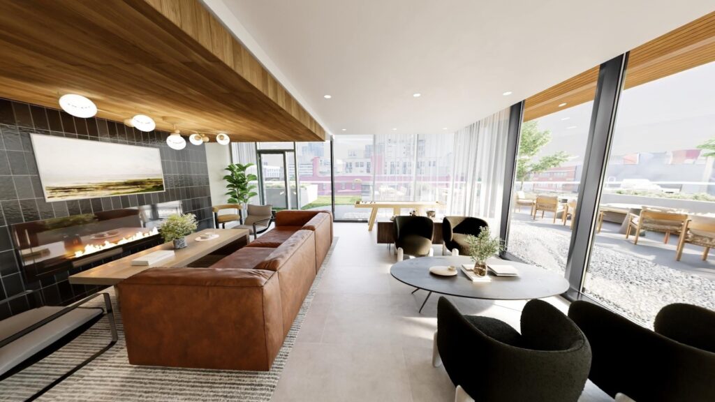 Modern living room with brown leather sofa, black chairs, coffee table, fireplace, and floor-to-ceiling windows overlooking a terrace with outdoor seating and city views.