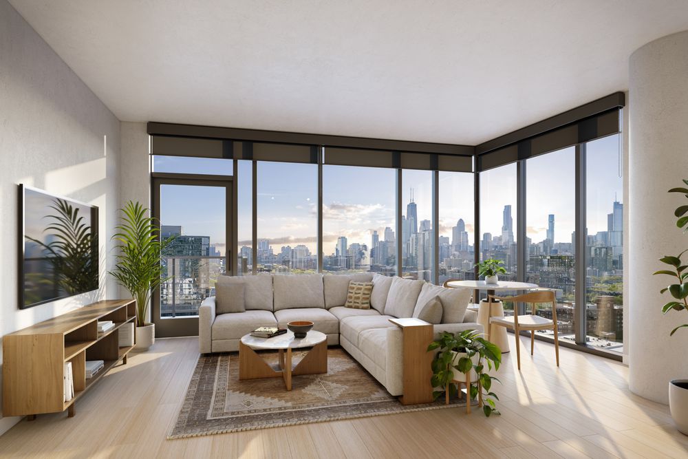 Modern living room with a beige sectional sofa, wooden furniture, indoor plants, and large windows offering a city skyline view.
