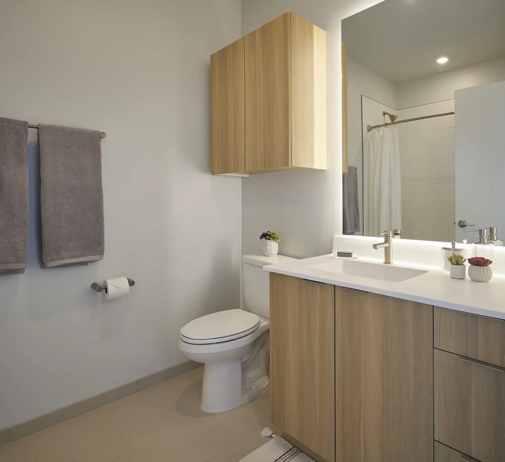 Modern bathroom with light wood cabinets, a white countertop, a toilet, two gray towels on the wall, and a large mirror above the sink.