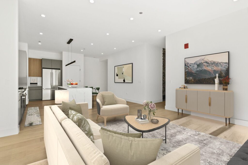 Modern open-plan living room and kitchen with neutral furnishings, wood flooring, a TV, and a dining area near the kitchen island.