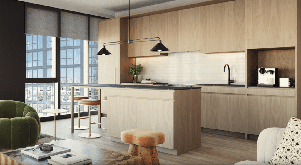 Modern kitchen with light wood cabinets, black countertop, white tile backsplash, and an island with stools; large windows provide city views and natural light.