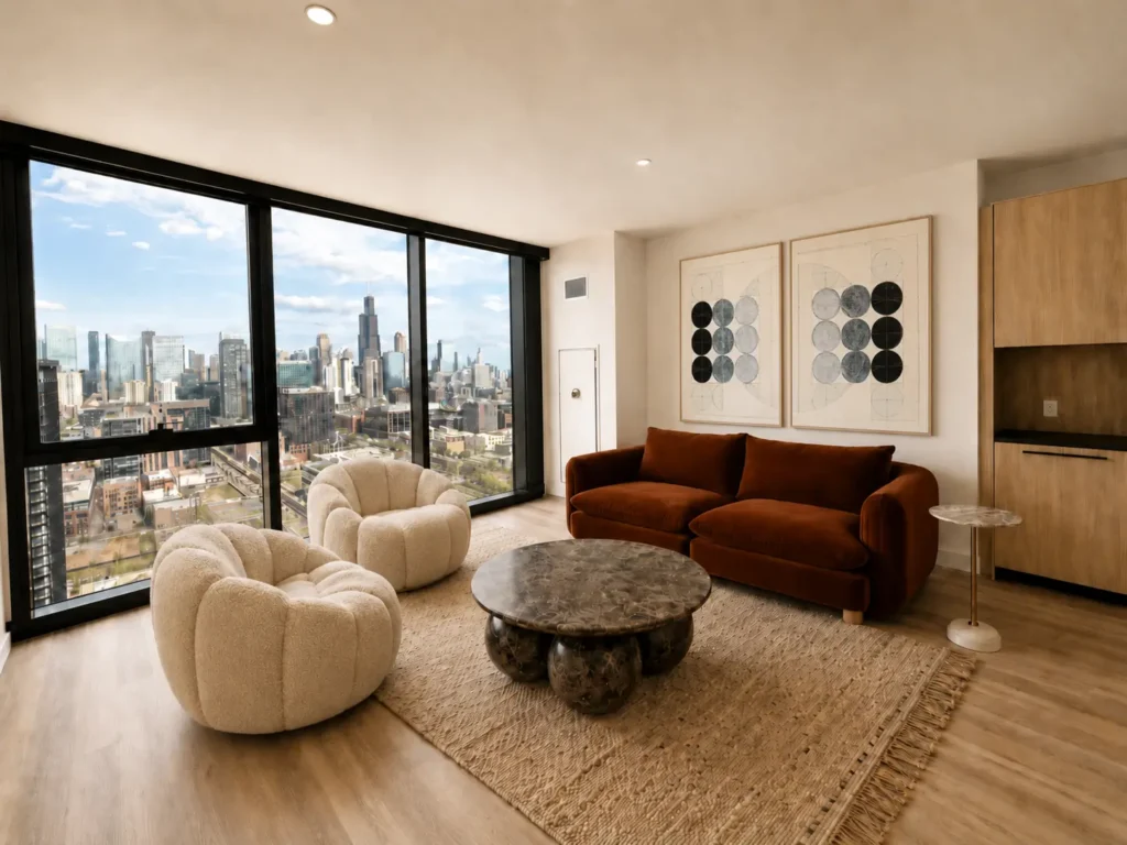 Modern living room with large windows showing a city skyline, brown sofa, two boucle chairs, round marble coffee table, art on the wall, and wood flooring.