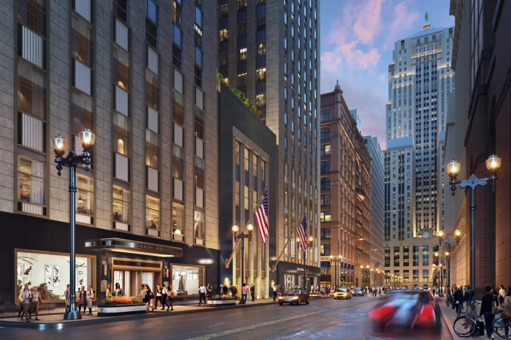 The Field Building Residences on a downtown chicago street at twilight, in the Loop